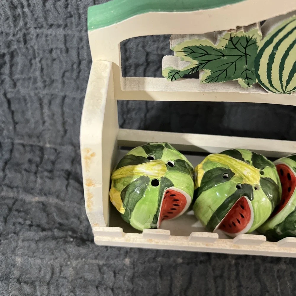 Vintage Wooden Spice Rack with 5 Ceramic Bottles Watermelon‎ Shaped